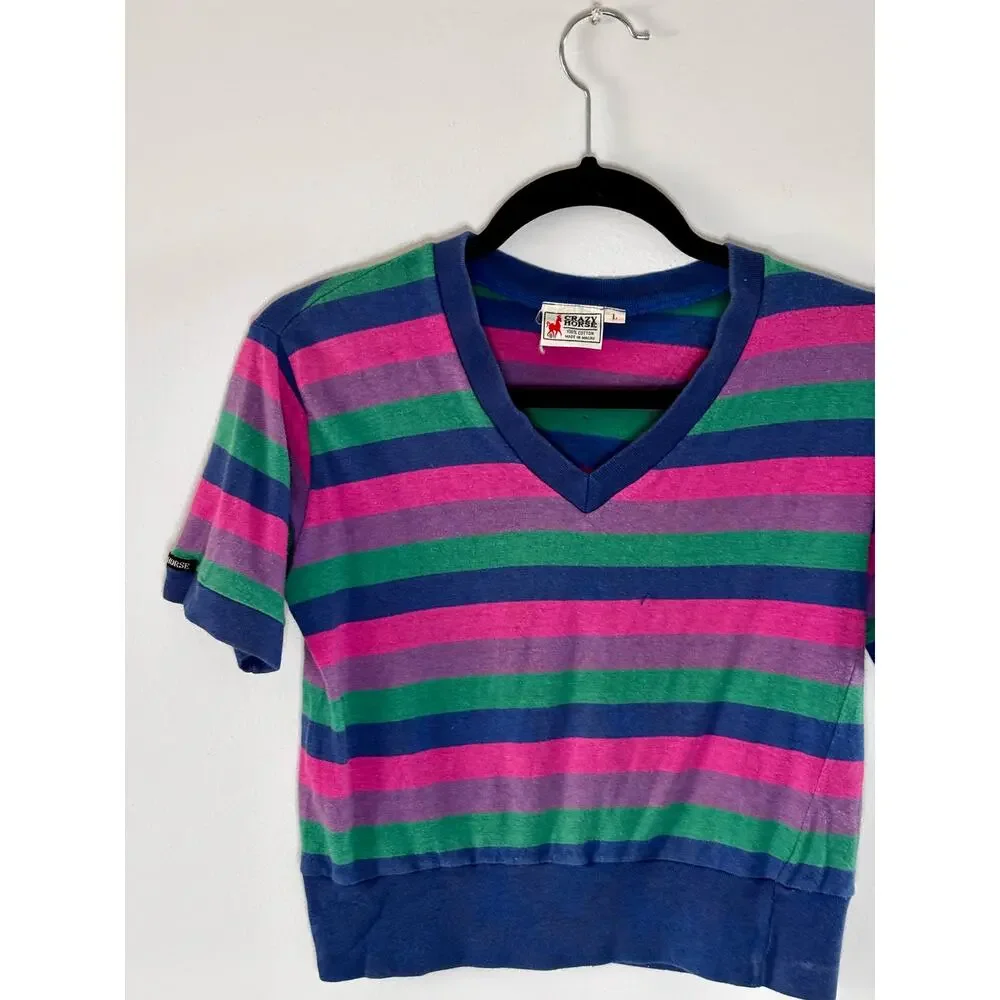 Vintage 1990s Crazy Horse Striped T-Shirt Kids L Fits Adult S Blue Pink Green